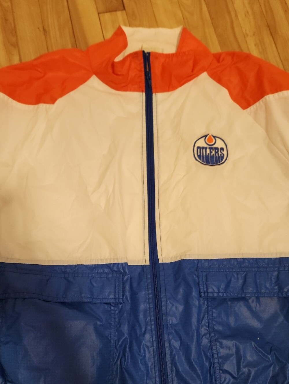 Vintage Oilers Blue/White/Orange Colorblock Windbreaker Jacket - NHL Inspired - Picture 2 of 16